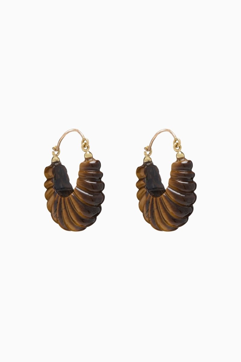 Zora Carved Shell Hoop Earring in Tiger's Eye - The Shoe Hive