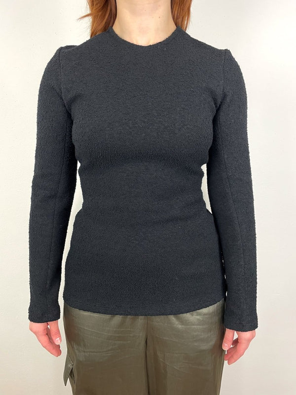 Boucle Knit Long Sleeve Circular Top in Black - The Shoe Hive