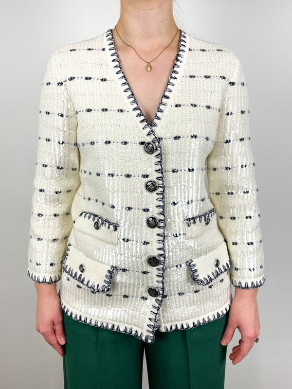 Ceriani Knit Jacket w/Sequined in Off White Navy - The Shoe Hive
