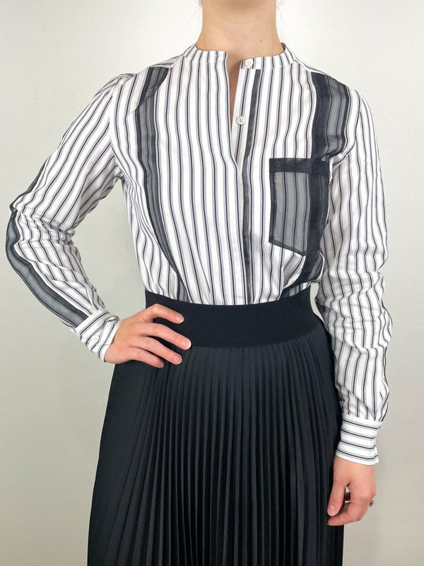 Classic Tailored Band Collar Shirt W/Organza in White Midnight Stripe - The Shoe Hive