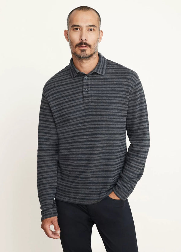 DBL Knit Jacquard L/S Polo in Costal Dk Charcoal by Vince - The Shoe Hive