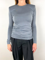 Micro Jersey Shoulder Pad Fitted Crewneck Top in Charcoal - The Shoe Hive