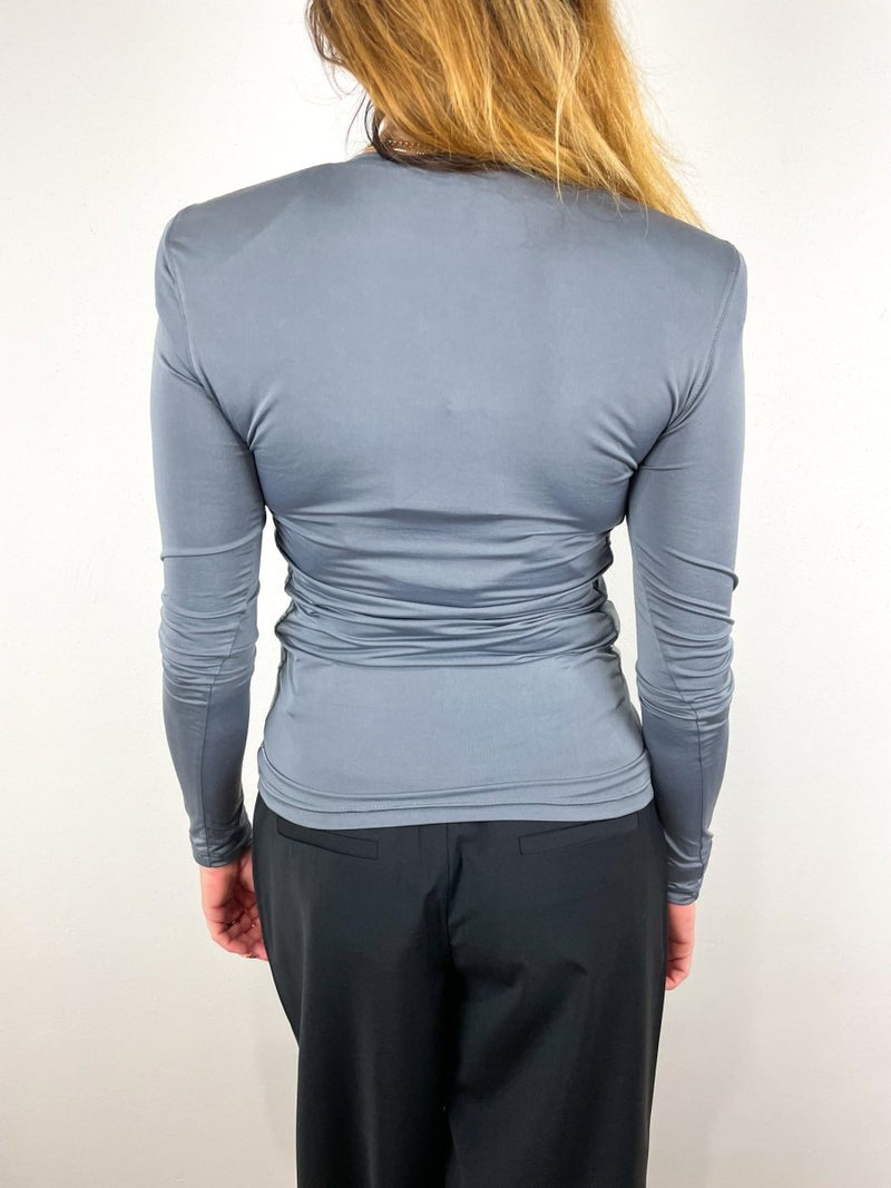 Micro Jersey Shoulder Pad Fitted Crewneck Top in Charcoal - The Shoe Hive
