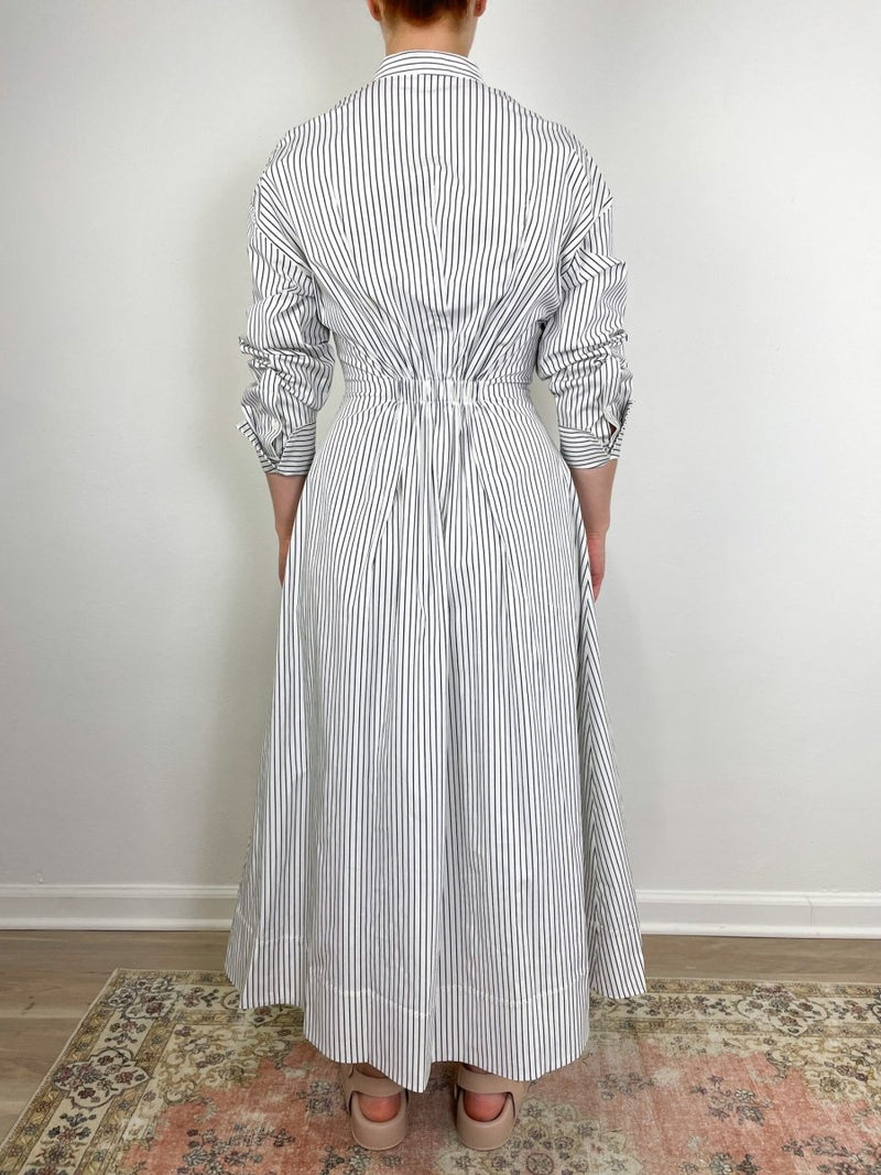 Midi Lorenza Dress in Ivory Micro Stripe - The Shoe Hive