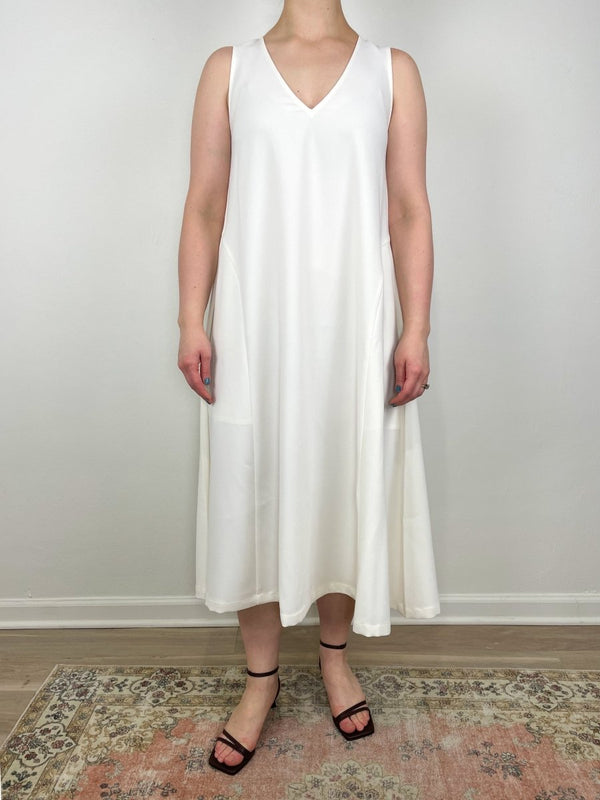Nadine V-Neck Sleeveless Dress in Ivory Crepe - The Shoe Hive