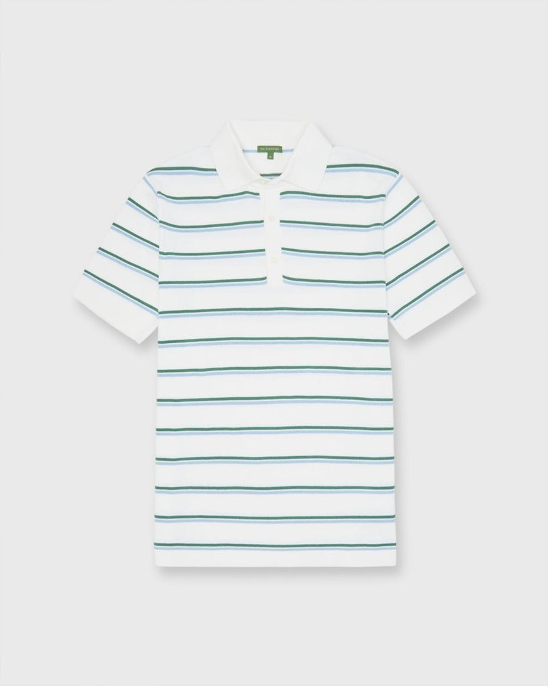 Rally Polo Sweater in Chalk/Ivy/Light Blue Regimental Stripe Cotton - The Shoe Hive