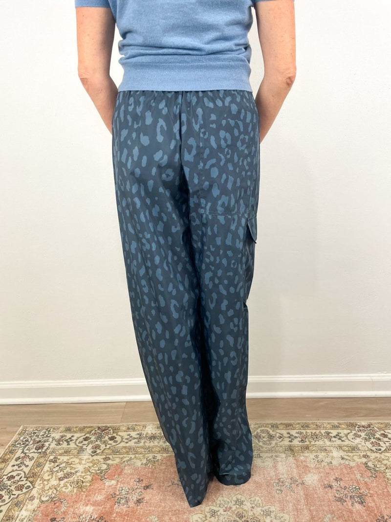 Recycled Sporty Nylon Cheetah Wide Leg Pull On Pant in Navy Fog Multi - The Shoe Hive
