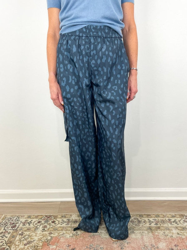 Recycled Sporty Nylon Cheetah Wide Leg Pull On Pant in Navy Fog Multi - The Shoe Hive