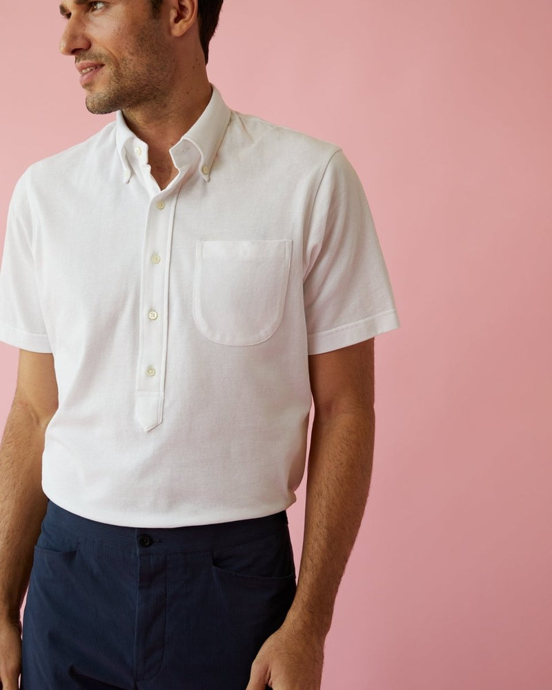 Short-Sleeved Knit Button-Down Popover in White Pique - The Shoe Hive