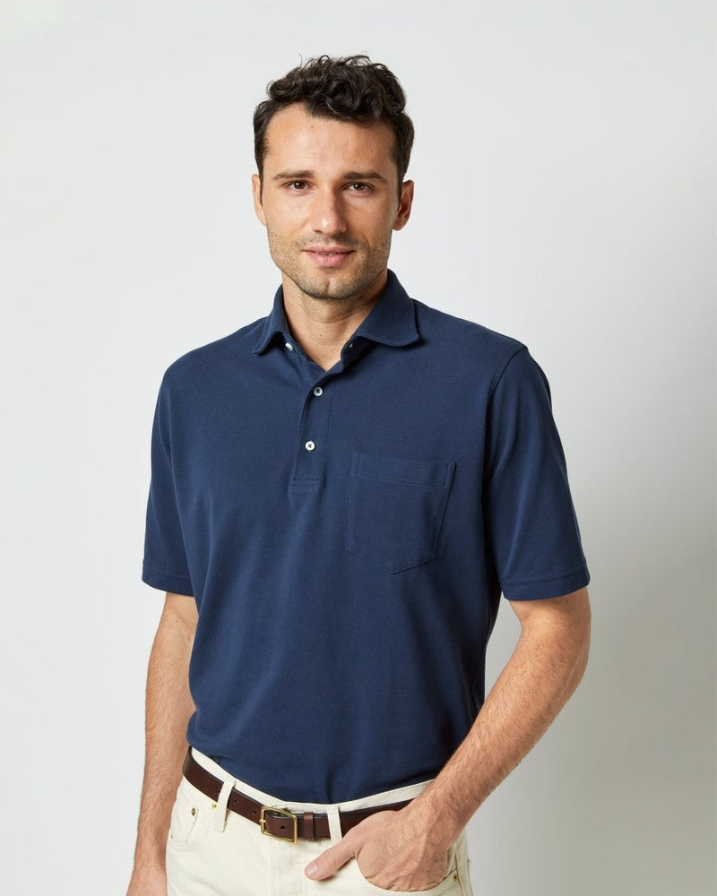 Short Sleeved Polo in Navy Pique - The Shoe Hive